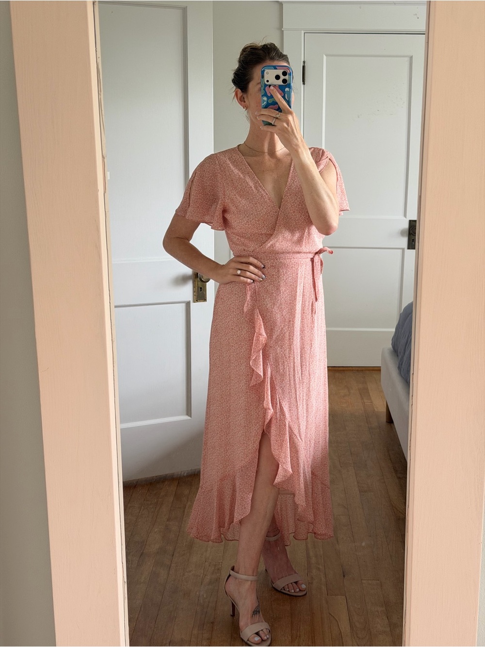 Cotton Candy Pink High-Low Wrap Dress with Ruffle Front